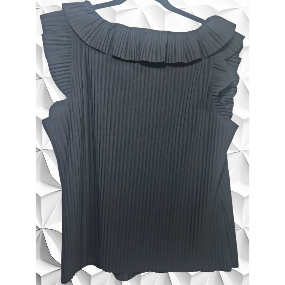 Marc New York Andrew Marc Black Pleated Ruffle Collar Sleeveless Top XL